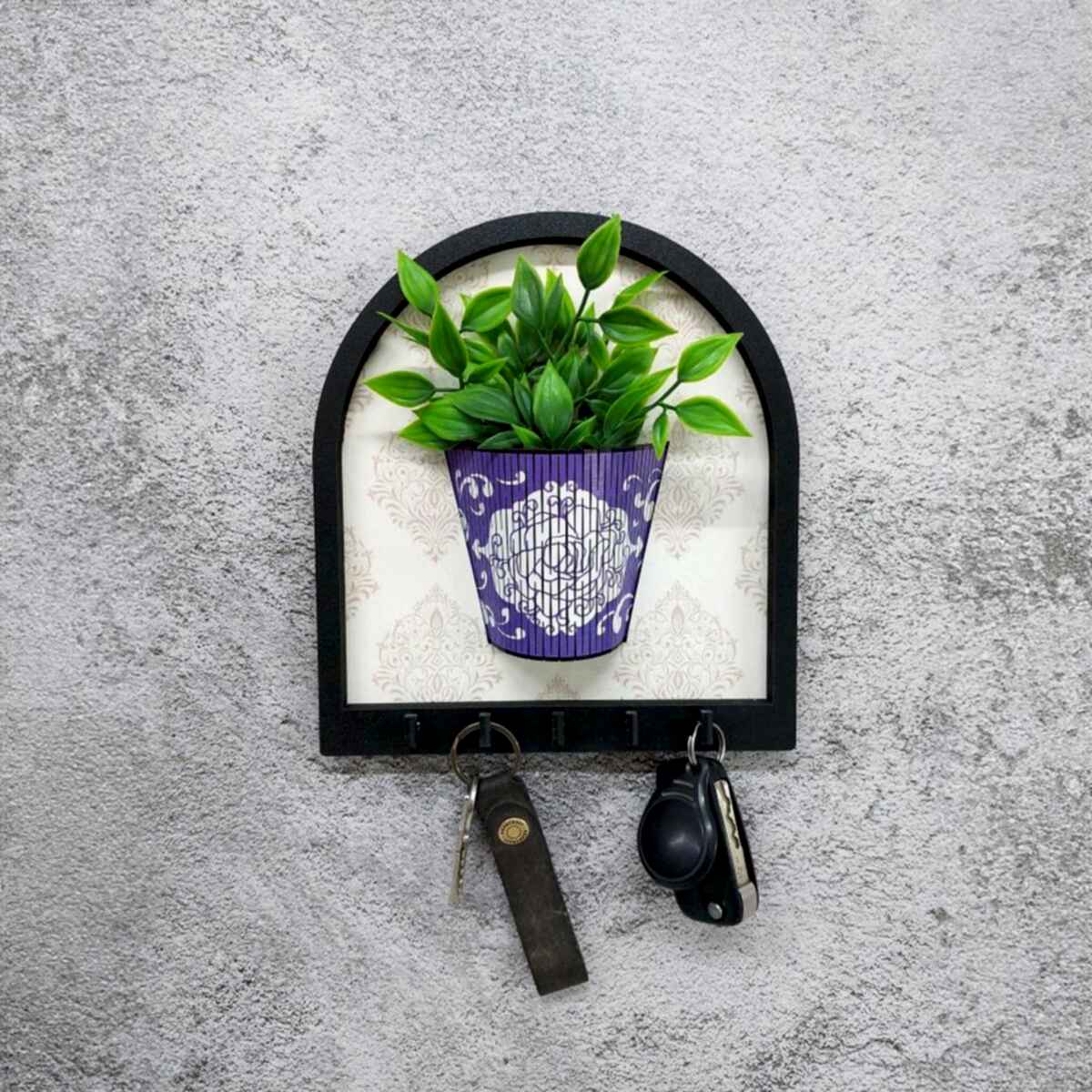 CajuArt Ahşap Motifli Mor Saksı İçinde Yeşil Yapay Bitki Askılık Duvar Dekoru