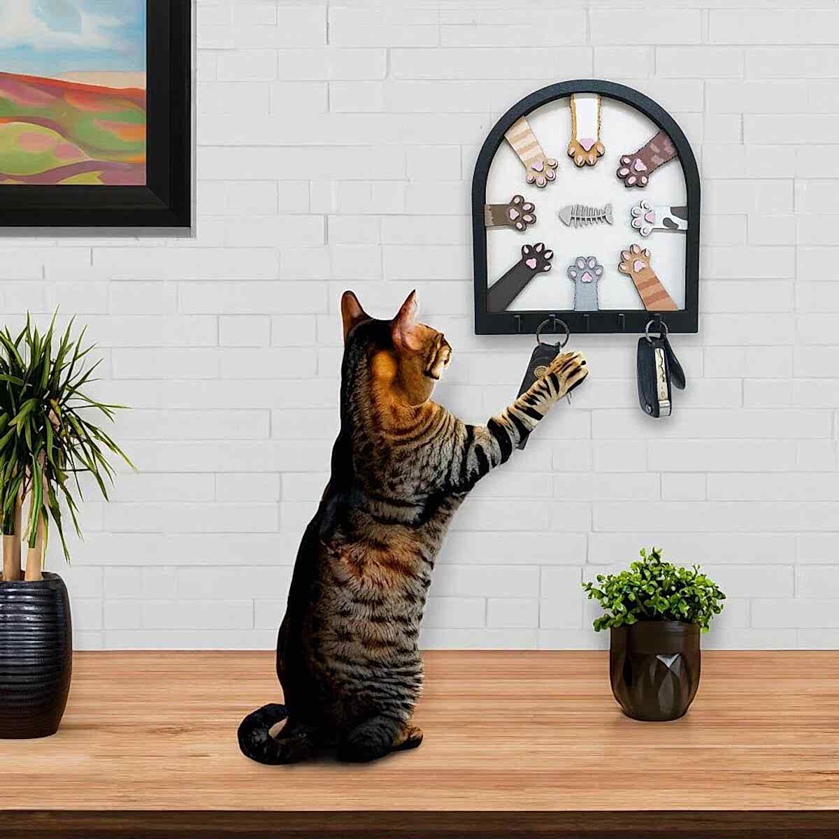 Renkli Kedi Patileri ve Balık Kabartma Tasarım Anahtarlık Duvar Dekor Askılık