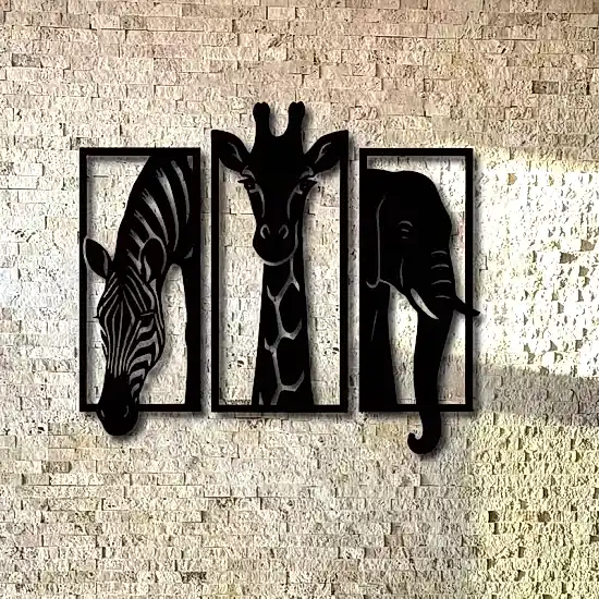 Üçlü Hayvan Zebra Zürafa Fil Ahşap Duvar Tablo