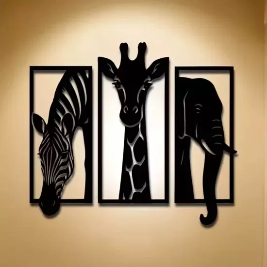 Üçlü Hayvan Zebra Zürafa Fil Ahşap Duvar Tablo