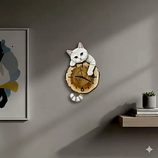 Kütük Üzerinden Bakan Kedi Tasarımlı Duvar Saati