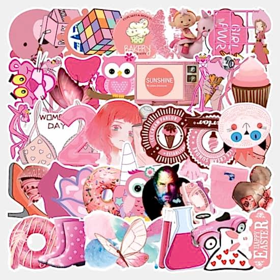 50 Adet Tekrarsız Pembe Karışık Kalite Pvc Sticker 08