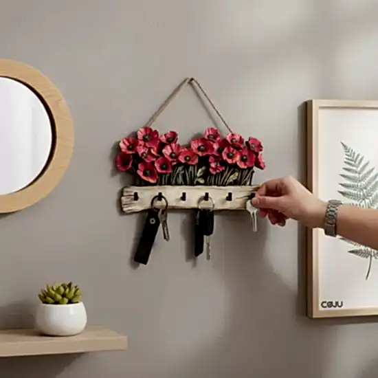 Kırmızı Gelincik Çiçek Motifli Katmanlı Askılık