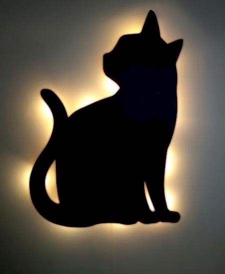 Dekoratif Büyük Boy Led Işıklı Oturan Kedi Ahşap Tablo