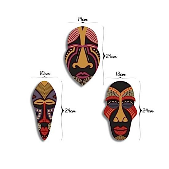 Dekoratif Üçlü Ahşap Tablo Otantik Maske Kabile Mask Süs
