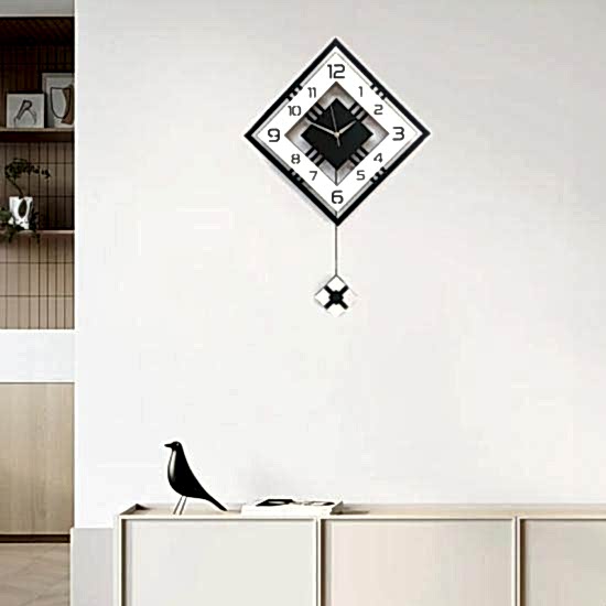 Dörtgen Siyah Beyaz Geometrik 50 cm Sarkaç Saat