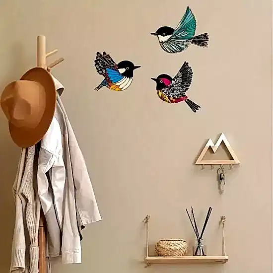 Üçlü Ahşap Canlı Renk Kuş Serçe Duvar Dekoru