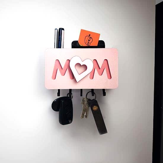 Pembe Kalpli Mom Yazılı Bölmeli Anahtarlık Dekor